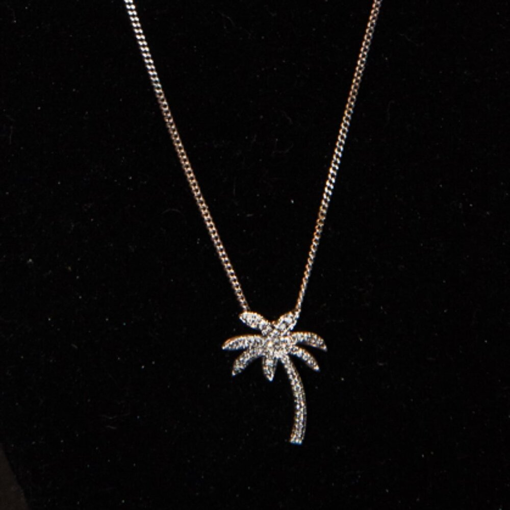 Diamond and 14K White Gold Palm Tree Charm/Pendant on 18K White Gold Chain